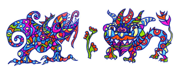 Ethnic ornament mythical monsters couple inspired by fusion of  Ukrainian, Indian and Mexican traditional motifs, felt-tip pens doodle drawing