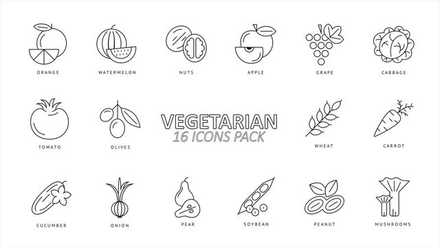 Vegetables 16 animated icons bundle set pack, 2d animation colored flat style on white background, fill and stroke effects