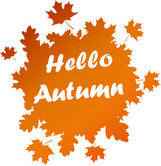 Hello autumn card with orange leaves.