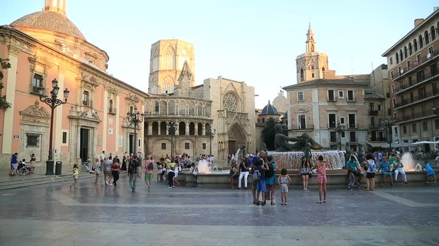 Plaza de la Virgen and Cathedral Square in Valencia Spain  AUGUST 07, 2017 Time lapse