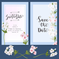 Fototapeta na wymiar Save the date card, wedding invitation, greeting card with beautiful flowers and letters