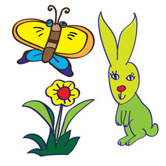 Kid's Drawing a Butterfly,flower,rabbit-Vector Illustration