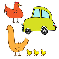 Kid's Drawing a Car, Chicken-Vector Illustration