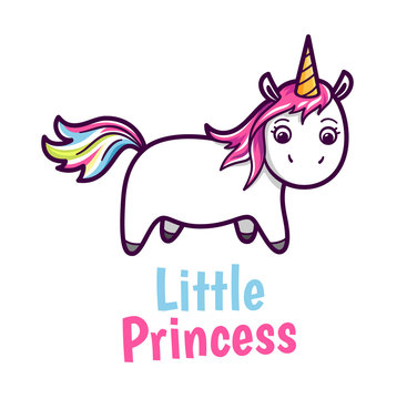 Cute unicorn with rainbow color hairs. Comic character and text Little Princess isolated on white background. Vector cartoon style illustration for kids t shirt design
