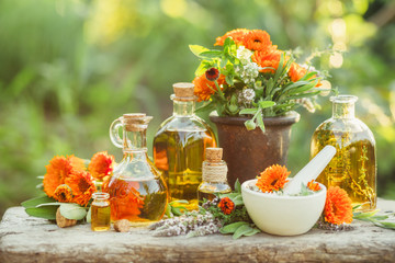 Variety of fresh herbs, calendula and oils