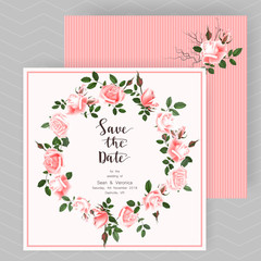 Save the date card, wedding invitation, greeting card with beautiful roses flowers and letters