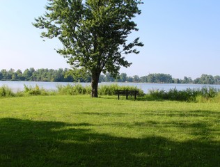 Fototapeta na wymiar The empty wood park bench overlooking the lake.