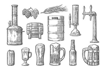 Beer set with tap, class, can, bottle and tanks from brewery factory.