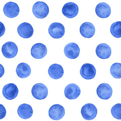Hand painted watercolor blue polka dot seamless pattern on the white background. Textures for your design.