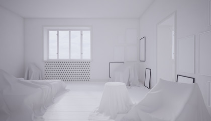 3d rendering of a white bedroom with furniture covered by sheets.