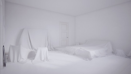 3d rendering of a white bedroom with furniture covered by sheets.