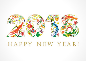 Happy holidays card with ethnic patterns and birds of paradise in 2018 figures. 2018 Happy New Year folk card. The luxurious greeting card in ethnic patterns and text happy new year!