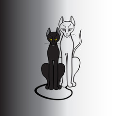 Silhouettes of two cats. Black and white. Concept - love, care , various,  friendship. Illustration. Vector.