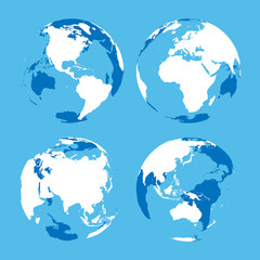 Set of transparent Earth globes with blue and white land silhouette map. Vector illustration.