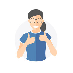 Glad, joyful, cheerful pretty girl in glasses. Flat design icon of woman with thumbs up. Simply editable isolated on white vector sign