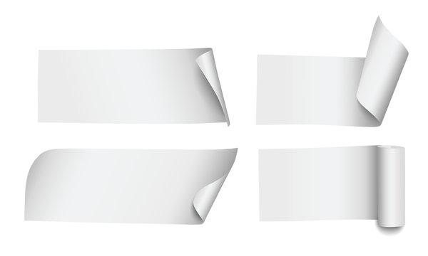 Set of four blank vector paper stripes or banners with rolled corners and edges isolated on white background