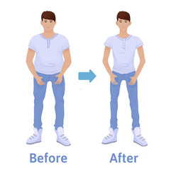 Young man before and after diet and fitness. Weight loss. Fat and thin man, body transformation. Vector illustration, isolated on white background.