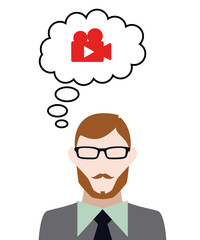 Person denkt an Videokamera mit Wiedergabe Symbol