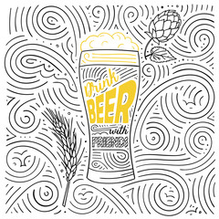 Beer theme card design. The lettering - Drink Beer With Friends. Handwritten swirl pattern. Vector illustration. - 169681178