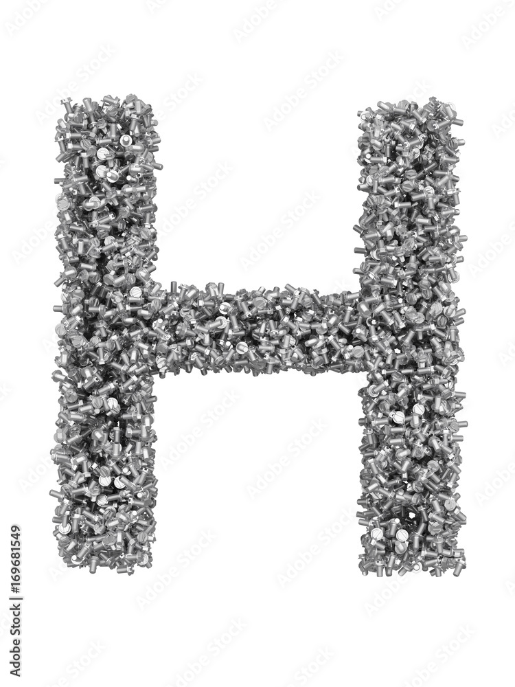 Fototapete 3d render of silver or grey alphabet make from bolts. big letter h with clipping path. isolated on w