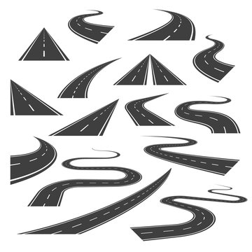 Big set of asphalt road curves, turns, bankings, and perspectives. Bending road, highway or roadway vector illustration. Collection of winding road design elements with white markings.