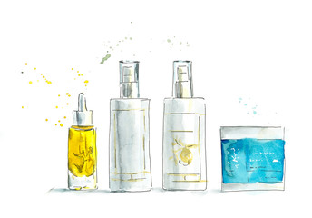 Isolated cosmetics products. Beauty salon. Watercolor hand drawn illustration