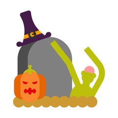 Zombie and grave and pumpkin. Gravestone and dead man. Halloween illustration