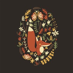 Cute illustration with a cartoon Fox and autumn plants.