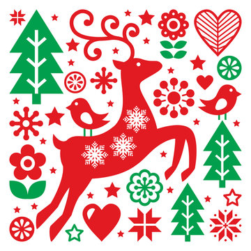 Christmas red and green pattern, Scandinavian folk art, reindeer, birds and flowers decoration or greetings card 