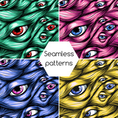 Waves of hair. Eyes. Seamless pattern. Scary set.