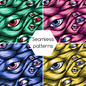 Waves of hair. Eyes. Seamless pattern. Scary set.