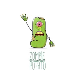 vector funny cartoon cute green zombie potato isolated on white background. Halloween monster vegetable funky character