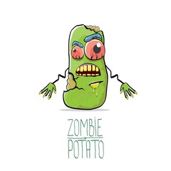 vector funny cartoon cute green zombie potato isolated on white background. Halloween monster vegetable funky character