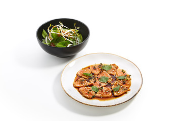 Special dishes of Pan-Asian cuisine in white plate