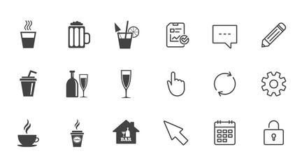 Cocktail, beer icons. Coffee and tea drinks.