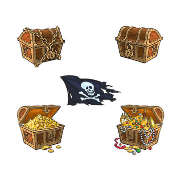 vector wooden treasure chest, skull cross bones flag set. Isolated illustration on a white background. Opened, full of gold, closed and chained cartoon symbol of adventure, pirates, risk jolly roger.