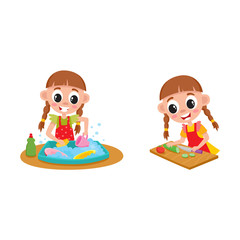 Little girl doing housework, chore - washing dishes and cooking, cartoon vector illustration isolated on white background. Cartoon little girl washing dishes and cooking, doing housework