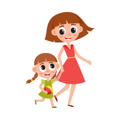 Mother and daughter, little girl walking with her mom, holding hands and talking, cartoon vector illustration isolated on white background. Cartoon girl walking with her mom, mother and daughter