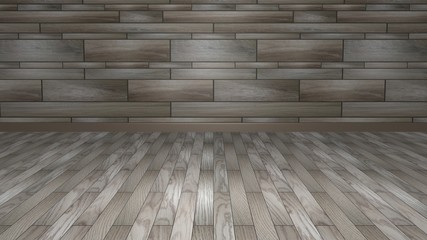 3D rendering room: grey brown wood flooring with a wall made of different bricks