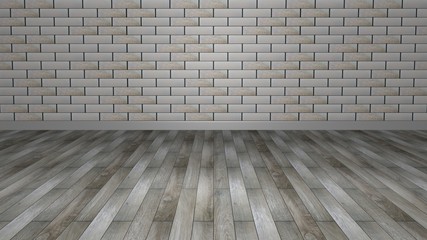 3D rendering room: grey brown wood flooring with a granular brick wall