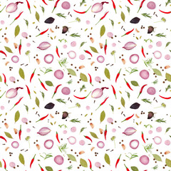 Seamless pattern with various spices and herbs