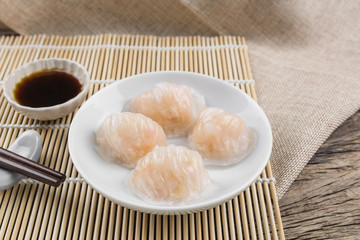 shrimp ha gow-type of steamed dumpling, dim sum. popular chinese food appetizer
