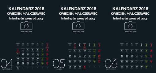 Polish vector wall calendar format A3 contains the name days and holidays. Three months April, May, June. Remaining in other files
