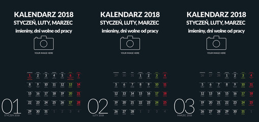 Polish vector wall calendar format A3 contains the name days and holidays. Three months  January February, March. Other months in other files
