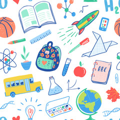 Back to school seamless pattern. Vector school bus, rocket, globe, backpack, ball, book, chemistry, test tubes, paint, plant, telephone. School doodles icons illustration.