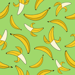 Doodle banana seamless pattern, light green background with bananas, vector illustration doodle drawing, graphic.