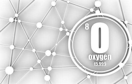 Oxygen chemical element. Sign with atomic number and atomic weight. Chemical element of periodic table. Molecule And Communication Background. Connected lines with dots. 3D rendering.