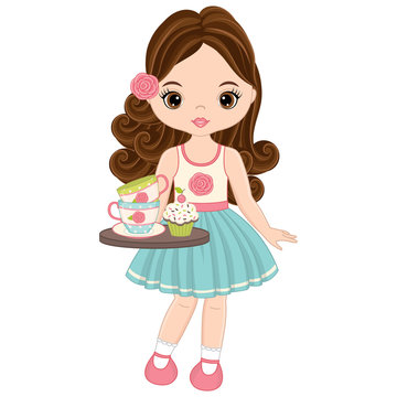 Vector Cute Little Girls with Tea Cups and Cupcakes