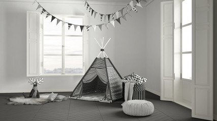 Fototapeta na wymiar Child room with furniture, carpet and tent, two panoramic windows, scandinavian white and gray interior design