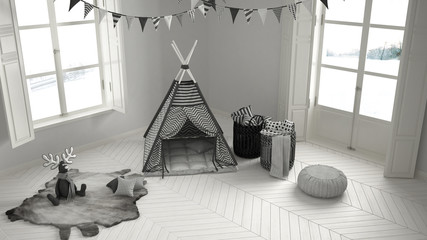 Child room with furniture, carpet and tent, two panoramic windows, scandinavian white and gray interior design